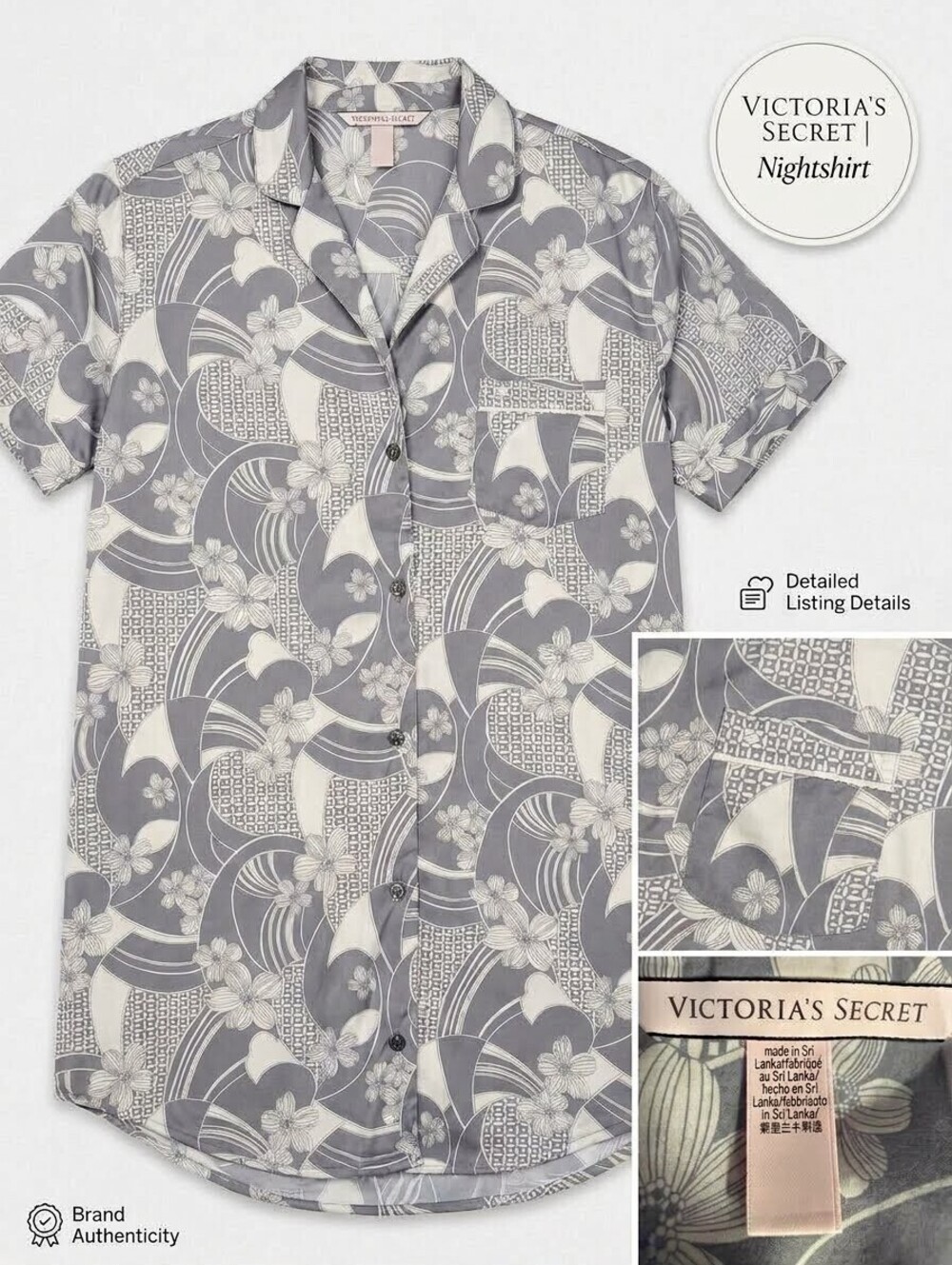 Victoria's Secret Gray and White Floral Button-Up Nightshirt Size S
